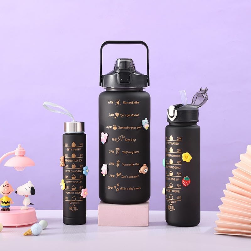 Motivational 3 set Water Bottle Leakproof & Reusable Combo Set (2L, 900ML, 300ML) – With Straw and Stickers for Gym, Office, Travel - Black