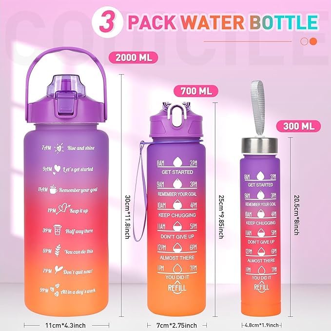Motivational 3 set Water Bottle Leakproof & Reusable Combo Set (2L, 900ML, 300ML) – With Straw and Stickers for Gym, Office, Travel - Purple Pink Orange