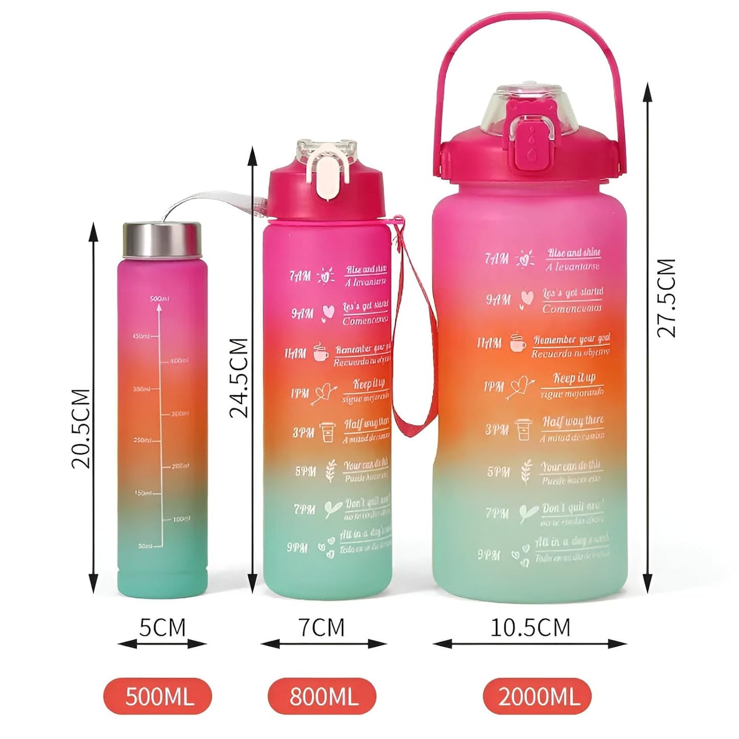 Motivational 3 set Water Bottle Leakproof & Reusable Combo Set (2L, 900ML, 300ML) – With Straw and Stickers for Gym, Office, Travel - Pink Orange Blue