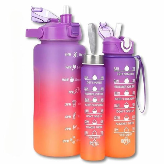 Motivational 3 set Water Bottle Leakproof & Reusable Combo Set (2L, 900ML, 300ML) – With Straw and Stickers for Gym, Office, Travel - Purple Pink Orange
