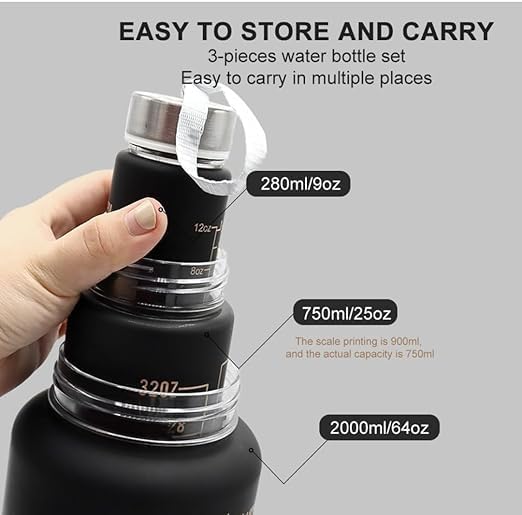 Motivational 3 set Water Bottle Leakproof & Reusable Combo Set (2L, 900ML, 300ML) – With Straw and Stickers for Gym, Office, Travel - Pink Black Grey