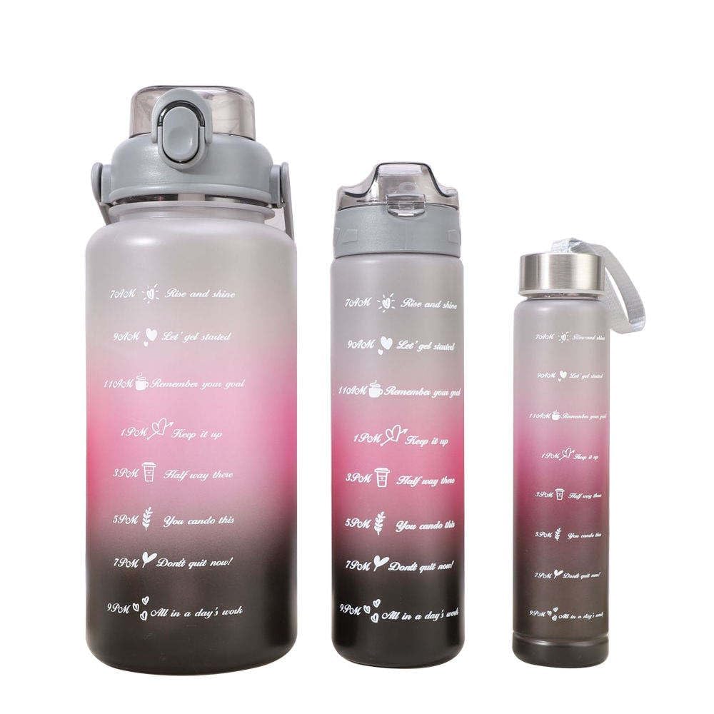 Motivational 3 set Water Bottle Leakproof & Reusable Combo Set (2L, 900ML, 300ML) – With Straw and Stickers for Gym, Office, Travel - Pink Black Grey