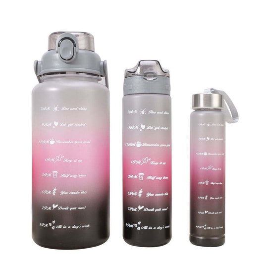 Motivational 3 set Water Bottle Leakproof & Reusable Combo Set (2L, 900ML, 300ML) – With Straw and Stickers for Gym, Office, Travel - Pink Black Grey