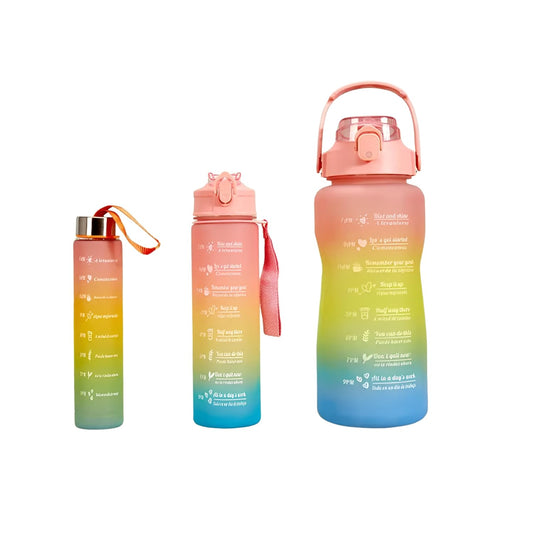 Motivational 3 set Water Bottle Leakproof & Reusable Combo Set (2L, 900ML, 300ML) – With Straw and Stickers for Gym, Office, Travel - Orange Yellow Blue
