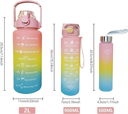 Motivational 3 set Water Bottle Leakproof & Reusable Combo Set (2L, 900ML, 300ML) – With Straw and Stickers for Gym, Office, Travel - Orange Yellow Blue