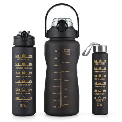 Motivational 3 set Water Bottle Leakproof & Reusable Combo Set (2L, 900ML, 300ML) – With Straw and Stickers for Gym, Office, Travel - Black