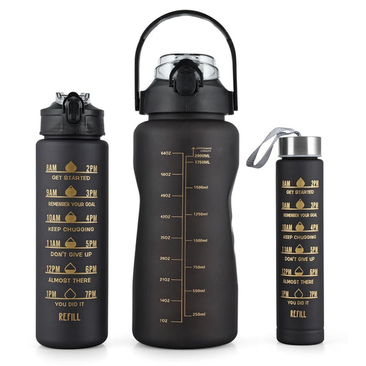 Motivational 3 set Water Bottle Leakproof & Reusable Combo Set (2L, 900ML, 300ML) – With Straw and Stickers for Gym, Office, Travel - Black