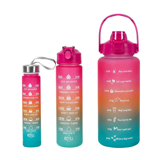 Motivational 3 set Water Bottle Leakproof & Reusable Combo Set (2L, 900ML, 300ML) – With Straw and Stickers for Gym, Office, Travel - Pink Orange Blue