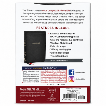 NKJV Thinline Bible, Compact, Leathersoft, Black, Red Letter, Comfort Print Holy Bible Old and New Testament - English Reference Bible 4.5" X 7"