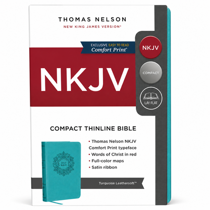 NKJV Thinline Bible, Compact, Leathersoft, Turquoise Blue, Red Letter, Comfort Print Holy Bible Old and New Testament - English Reference Bible Size 4.5" X 7"