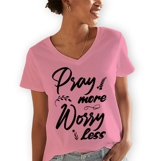 Women's Regular Fit “Pray More Worry Less” Cotton Printed V Neck Half SleevesT Shirt. 