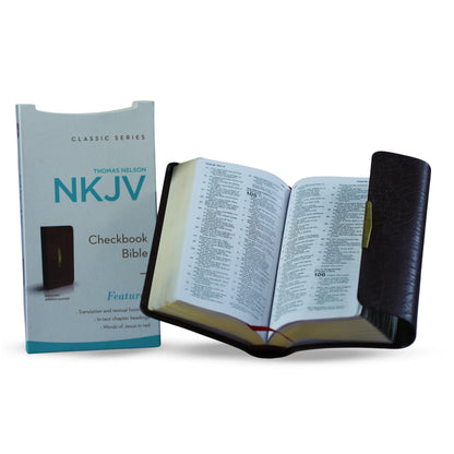 NKJV, Checkbook Bible, Compact, Burgundy Bonded Leather, Wallet Style, Red Letter: Holy Bible, New King James Version